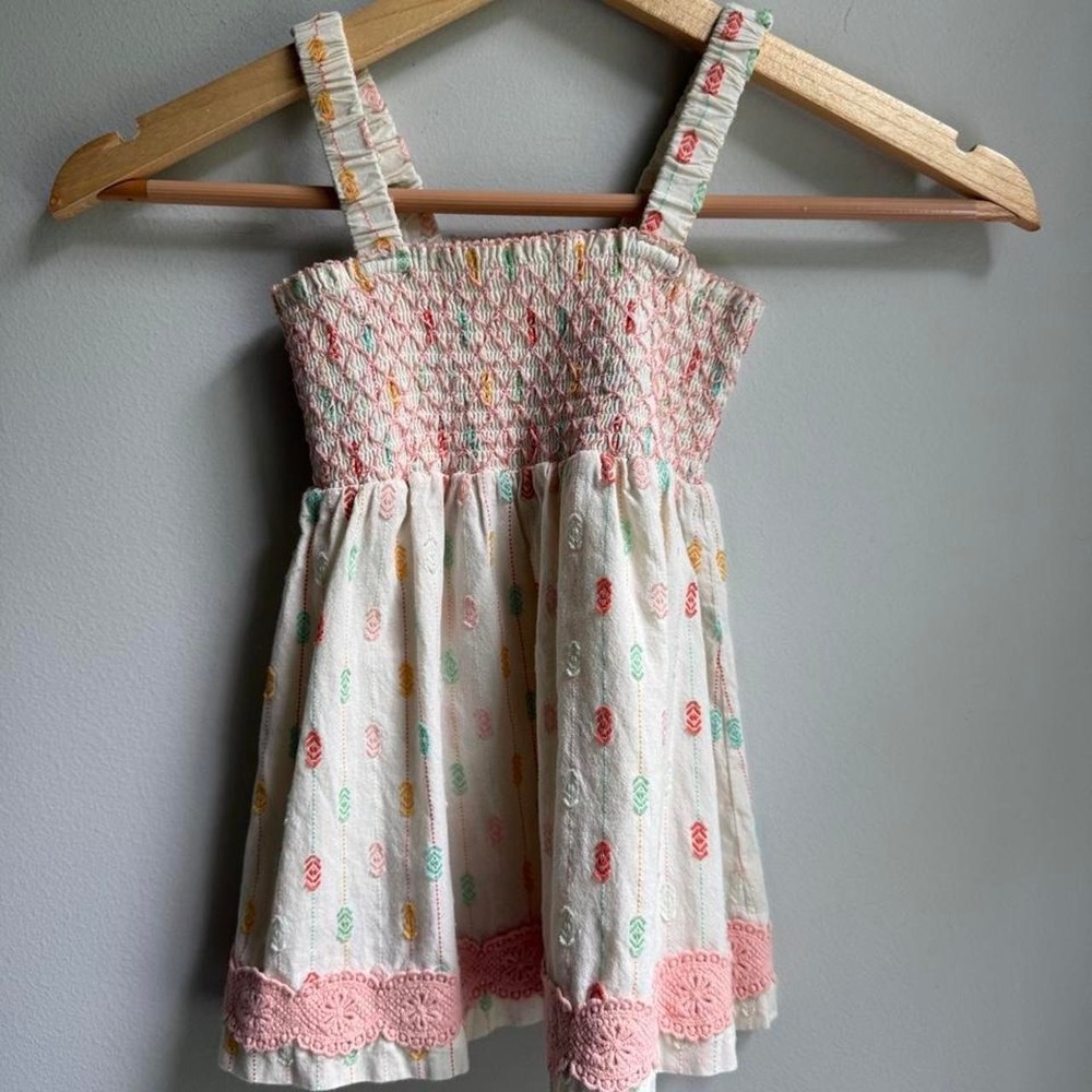 Motilda Jane girls tank top with multicolored leaf-like shapes and pink lace